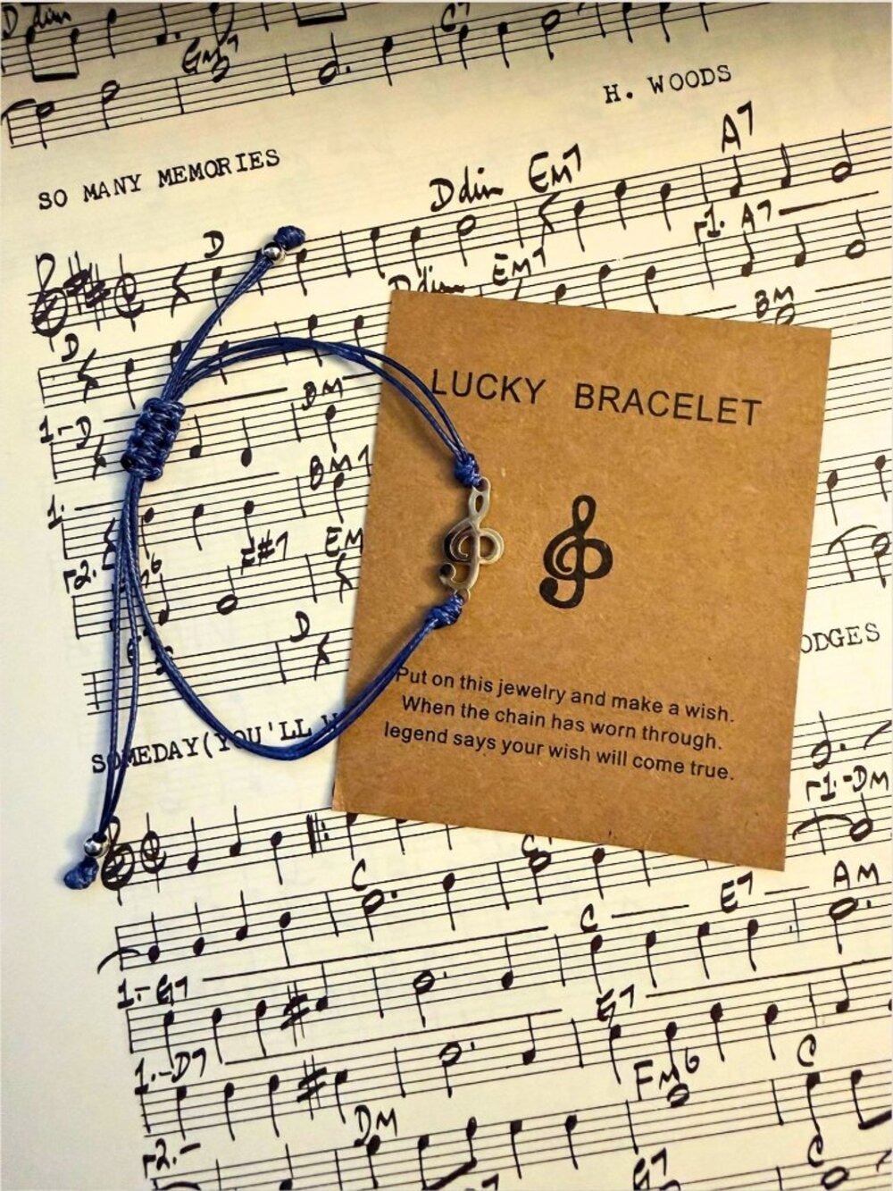 Music Wish Bracelet Stainless Steel Treble Clef Blue Woven Cord